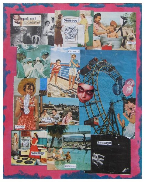 She won�t admit she�s a cadaver
1994
16x20
Magazine clippings, newsprint, paper, acrylic on canvas board