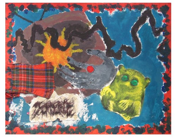 Lemur S&eacute;ance
1994
16x20
acrylic, fabric, paper, ink, matte medium, pencil, on canvas board